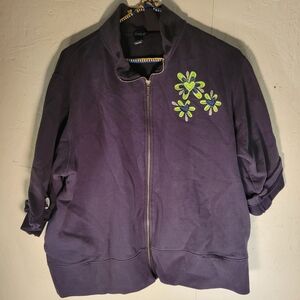 Enza Navy Blue Floral Embroidered Full Zip, Half Sleeves Women's Sweatshirt XL